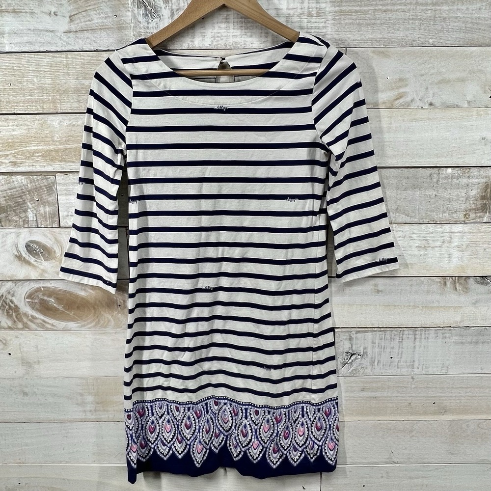 Lilly Pullitzer Beacon Dress‎ XS Blue White Striped 3/4 Sleeve Nautical Preppy